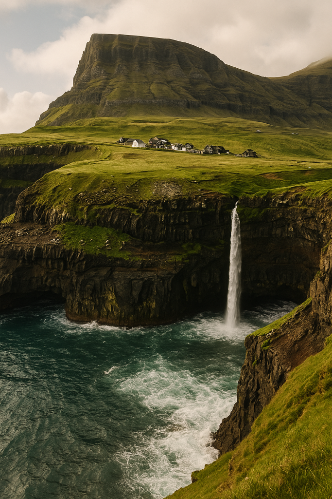 Paisaje de las Islas Feroe con montañas verdes y costa escarpada